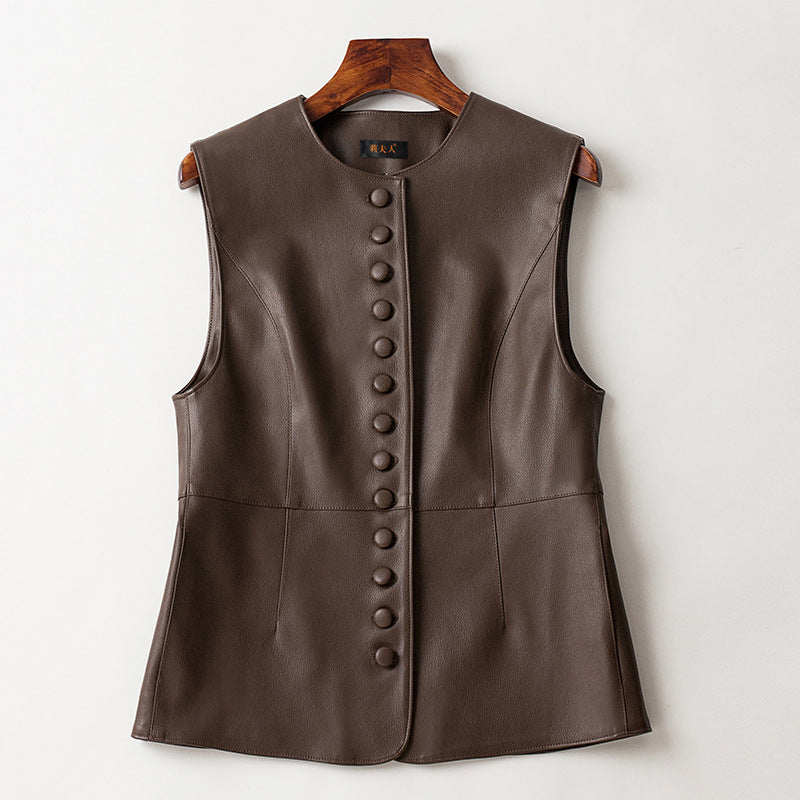 Leather Round Neck Sleeveless Vest Waistcoat Jacket