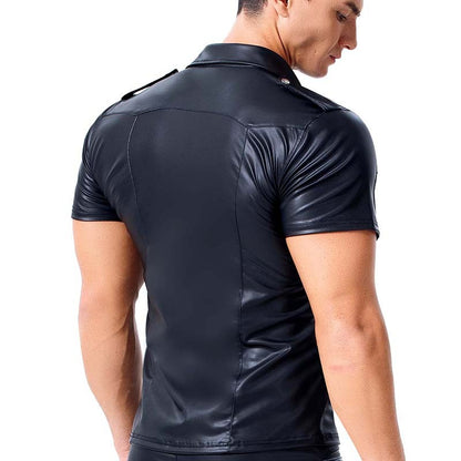 Men's leather skinny short-sleeved shirt