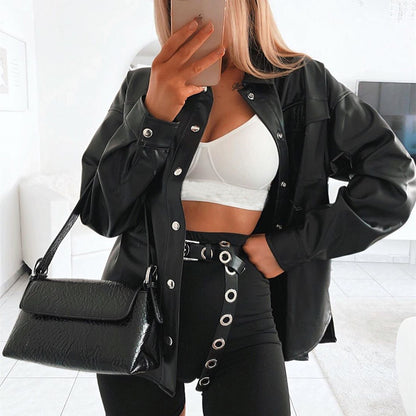 Motorcycle Cool Girl Leather Shirt With Metal Buckle Top