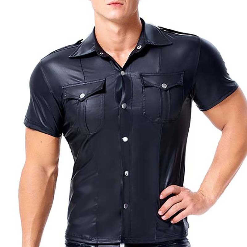 Men's leather skinny short-sleeved shirt