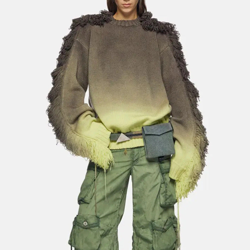 Gradient Color Tassel Knitted Outerwear Top