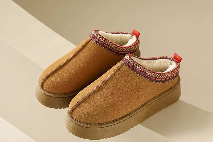 Women Winter Braided Tape Soft Cashmere Platform Warm Slippers Ankle High 5Cm Snow Boot