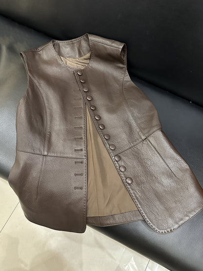 Leather Round Neck Sleeveless Vest Waistcoat Jacket