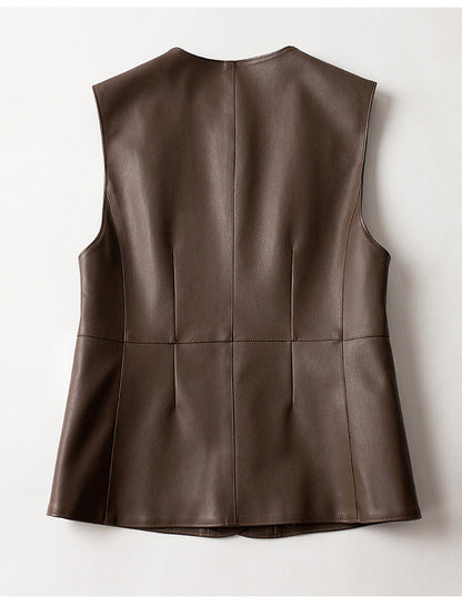 Leather Round Neck Sleeveless Vest Waistcoat Jacket