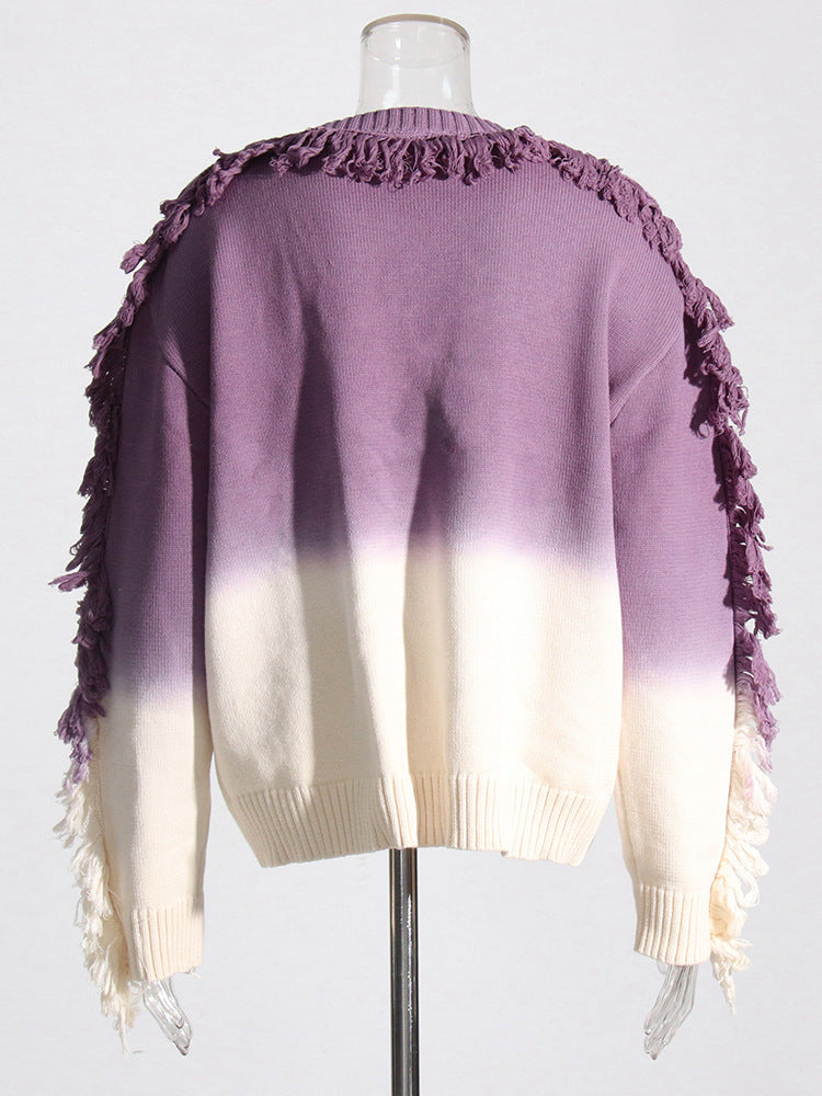 Gradient Color Tassel Knitted Outerwear Top